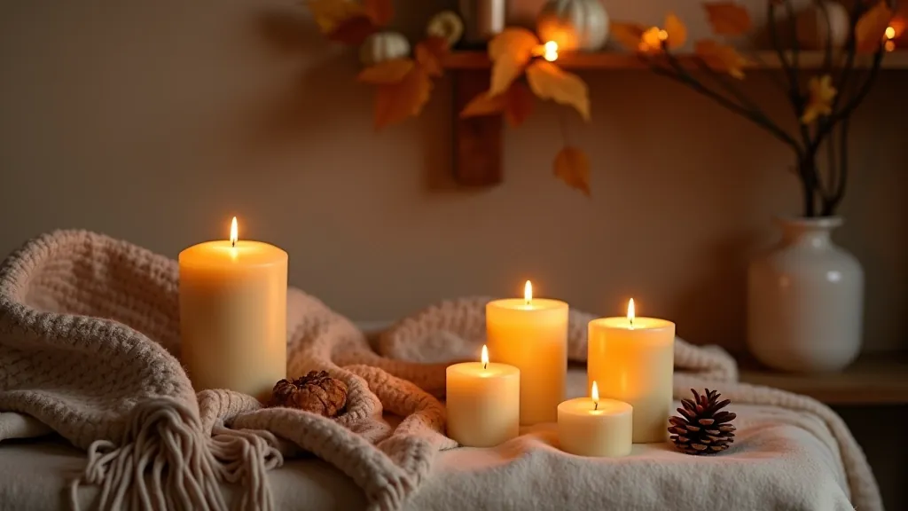 Cozy autumn home interior with layered wool blankets, natural leaf arrangements, burning candles, warm amber lighting, and textured home accessories