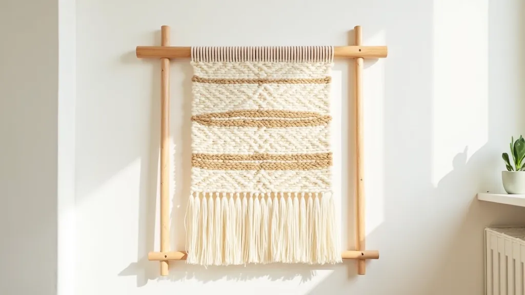 Simple wooden frame loom with natural colored threads creating geometric pattern