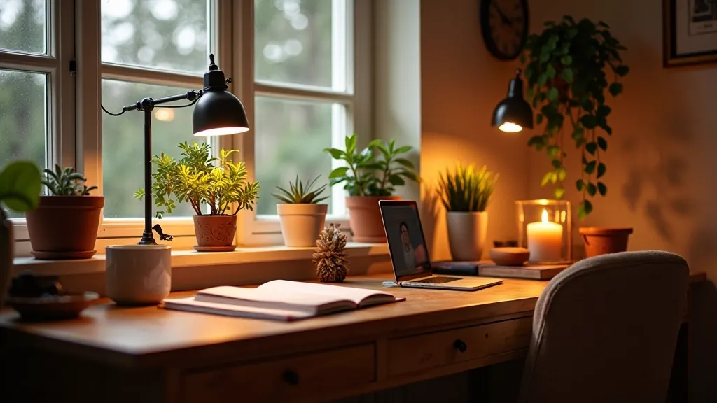 A well-organized home workspace showcasing practical cozy styling and hygge principles with natural light and warm textures