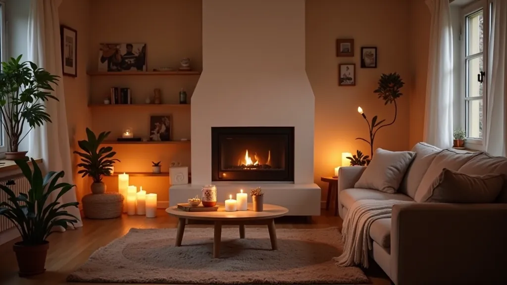 Cozy Latvian living room with soft lighting, wooden furniture, and layered textiles creating warm atmosphere
