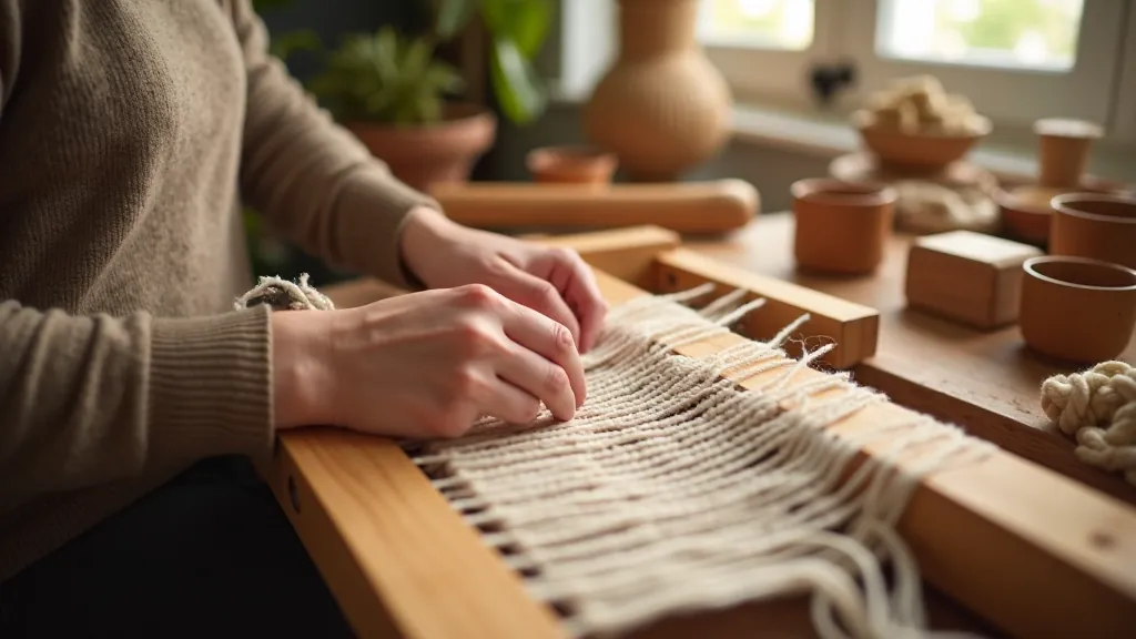 Hands crafting a woven wall hanging with natural fibers