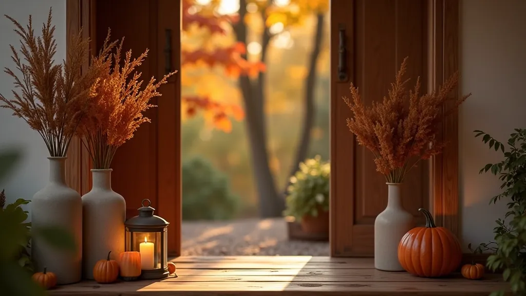 Autumn-decorated home entrance with dried flowers and warm lighting