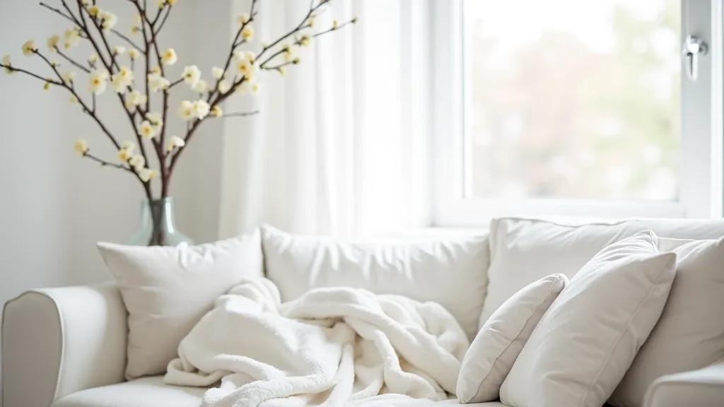Bright spring home interior with white linen textiles, fresh birch branches in glass vase, and natural sunlight streaming through windows
