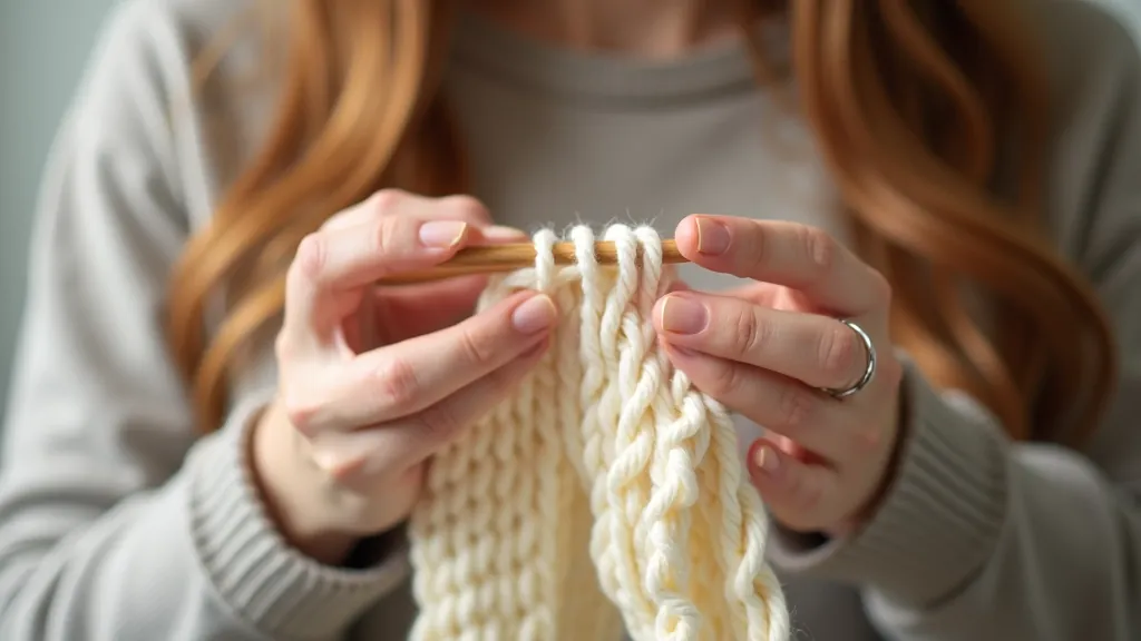 Knitting needles with partially completed cream colored cushion cover in stockinette stitch