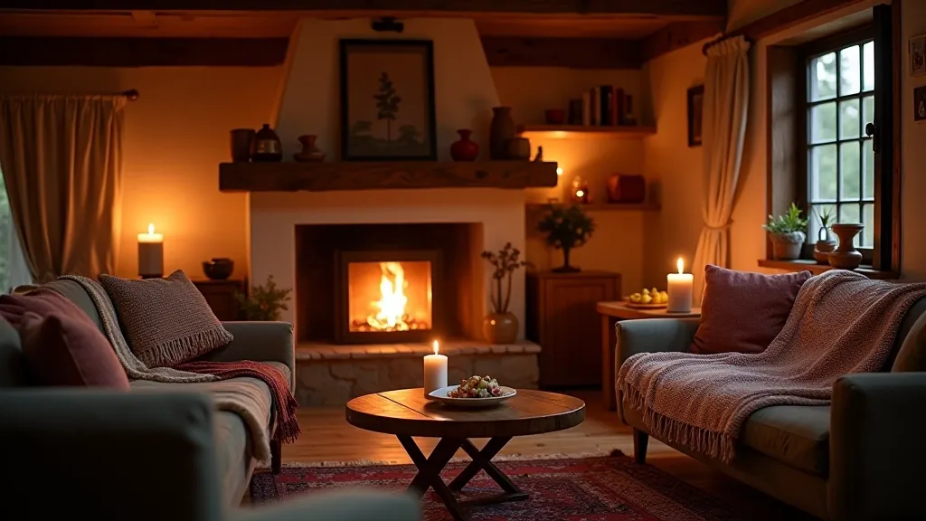 Cozy Latvian living room with warm lighting, wooden furniture, and handmade textiles
