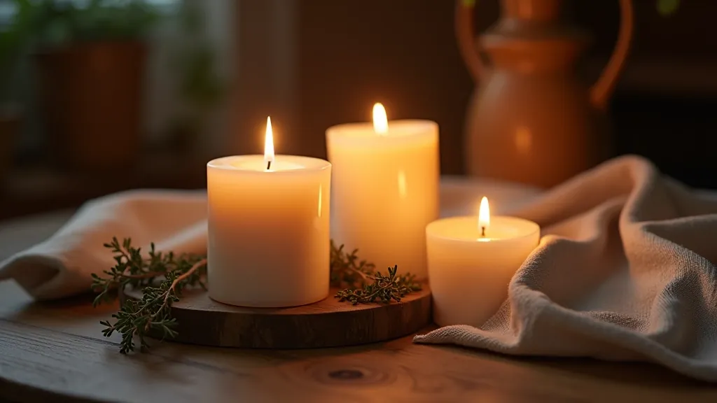 Close-up of lit candles arranged on wooden table with dried herbs and natural textiles, soft warm lighting