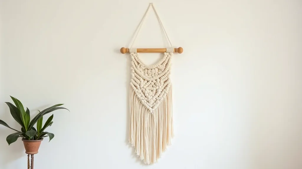 Finished macramé wall hanging with square knots and geometric design in cream cotton rope