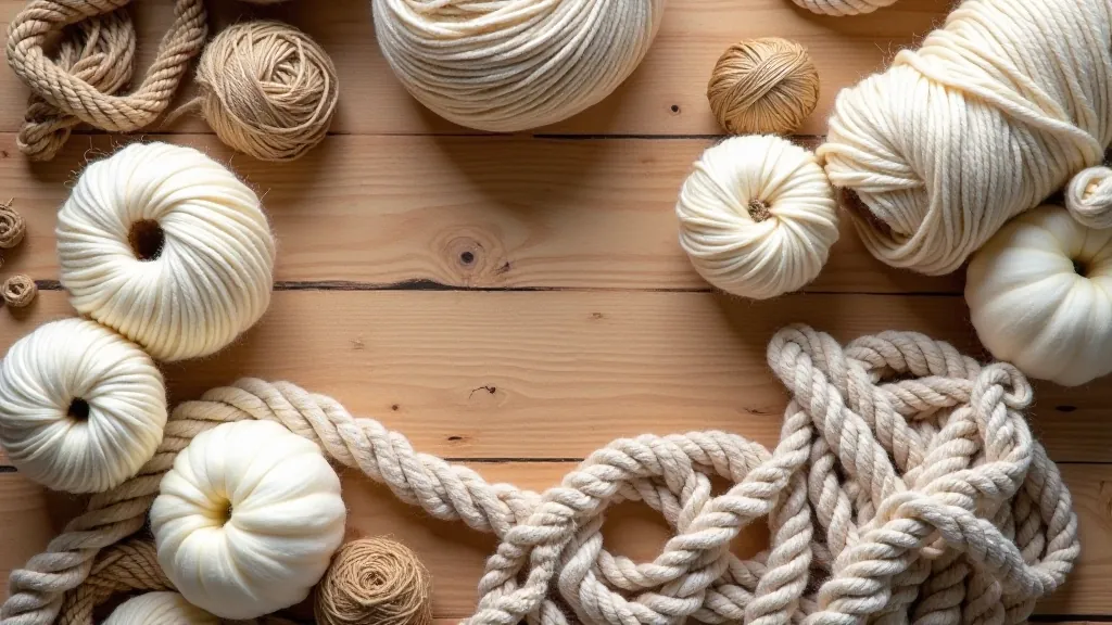 Natural fibers arranged on wooden surface including cotton yarn, jute rope, and linen threads