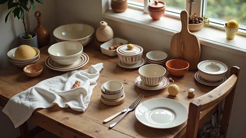 Overhead view of vintage kitchen items arranged on wooden table including ceramic bowls, wooden utensils, and folded linen cloth
