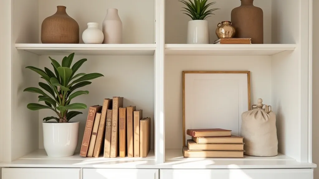 A beautifully styled shelf displaying cozy home decor with vintage finds, textiles, and plants representing hygge principles