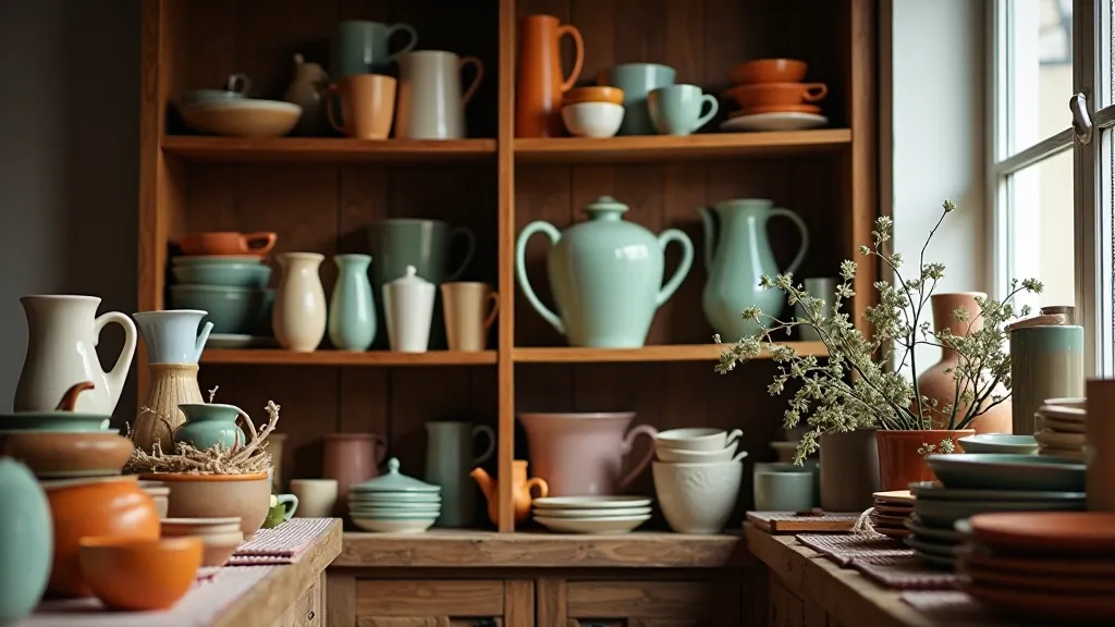 Interior of a Riga thrift shop with wooden shelving displaying ceramic bowls, vintage glassware, and textile items organized by color