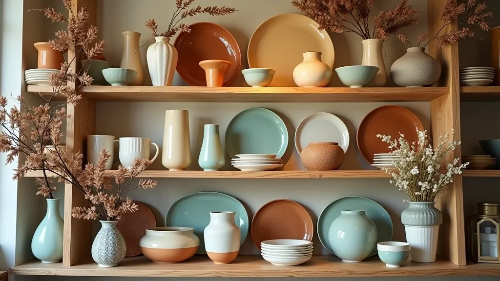 Close-up of thrift shop shelves with vintage glassware and decorative items