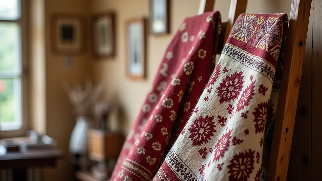 Close-up of vintage Latvian linen textiles with traditional patterns displayed on wooden hangers