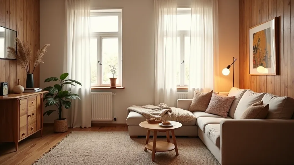 A warm, inviting living room with soft lighting and cozy textiles exemplifying hygge design principles