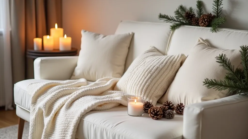 Winter home interior with layered textiles, white and natural wood tones, evergreen branches, candlelight, and minimalist hygge aesthetic